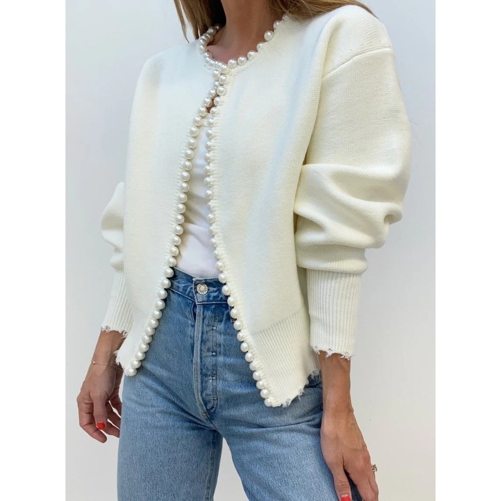 Commense Pearl Trim Ripped Hem Cardigan White Small New OA231006005